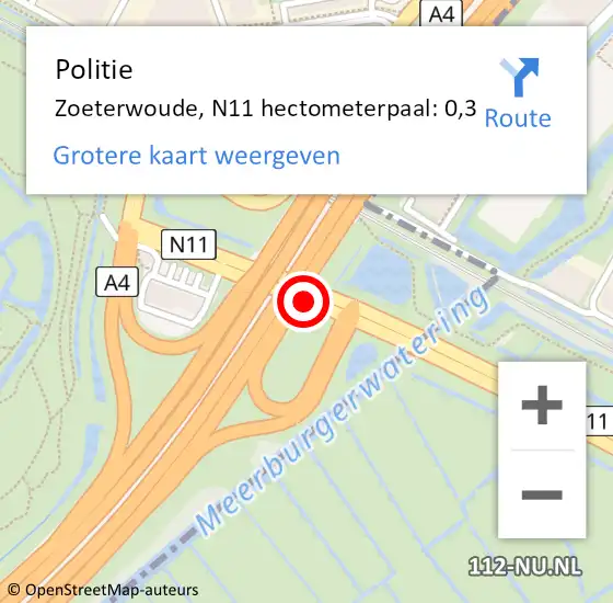 Locatie op kaart van de 112 melding: Politie Zoeterwoude, N11 hectometerpaal: 0,3 op 15 mei 2024 22:50