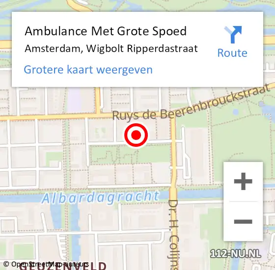 Locatie op kaart van de 112 melding: Ambulance Met Grote Spoed Naar Amsterdam, Wigbolt Ripperdastraat op 16 mei 2024 00:31