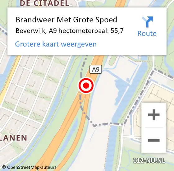 Locatie op kaart van de 112 melding: Brandweer Met Grote Spoed Naar Beverwijk, A9 hectometerpaal: 55,7 op 16 mei 2024 01:03