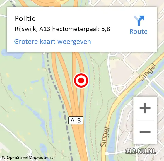 Locatie op kaart van de 112 melding: Politie Rijswijk, A13 hectometerpaal: 5,8 op 16 mei 2024 02:40
