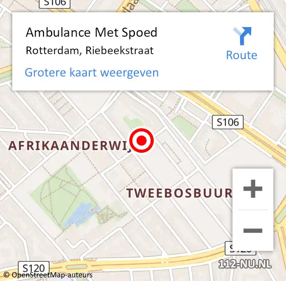 Locatie op kaart van de 112 melding: Ambulance Met Spoed Naar Rotterdam, Riebeekstraat op 16 mei 2024 04:55