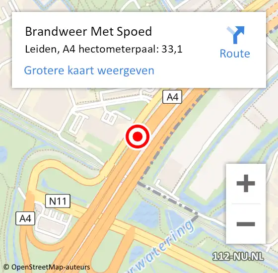 Locatie op kaart van de 112 melding: Brandweer Met Spoed Naar Leiden, A4 hectometerpaal: 33,1 op 16 mei 2024 07:51