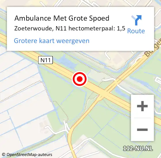 Locatie op kaart van de 112 melding: Ambulance Met Grote Spoed Naar Zoeterwoude, N11 hectometerpaal: 1,5 op 16 mei 2024 08:10