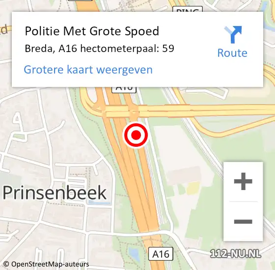 Locatie op kaart van de 112 melding: Politie Met Grote Spoed Naar Breda, A16 hectometerpaal: 59 op 16 mei 2024 08:23