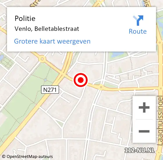 Locatie op kaart van de 112 melding: Politie Venlo, Belletablestraat op 16 mei 2024 08:27