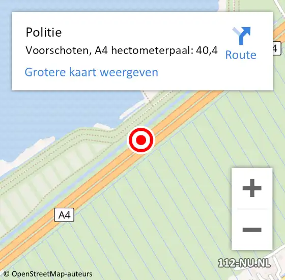 Locatie op kaart van de 112 melding: Politie Voorschoten, A4 hectometerpaal: 40,4 op 16 mei 2024 08:34