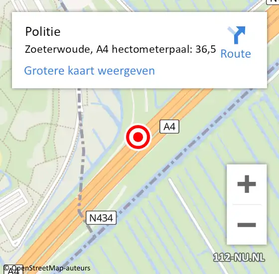 Locatie op kaart van de 112 melding: Politie Zoeterwoude, A4 hectometerpaal: 36,5 op 16 mei 2024 08:37