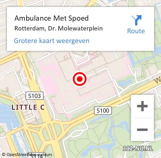 Locatie op kaart van de 112 melding: Ambulance Met Spoed Naar Rotterdam, Dr. Molewaterplein op 16 mei 2024 08:38