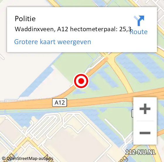 Locatie op kaart van de 112 melding: Politie Waddinxveen, A12 hectometerpaal: 25,3 op 16 mei 2024 09:15