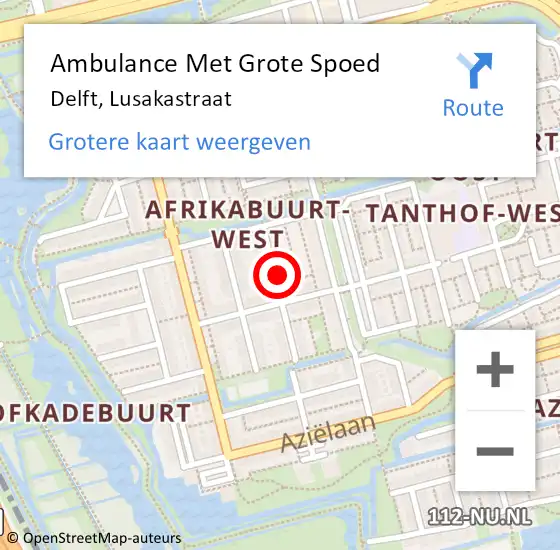 Locatie op kaart van de 112 melding: Ambulance Met Grote Spoed Naar Delft, Lusakastraat op 16 mei 2024 09:51