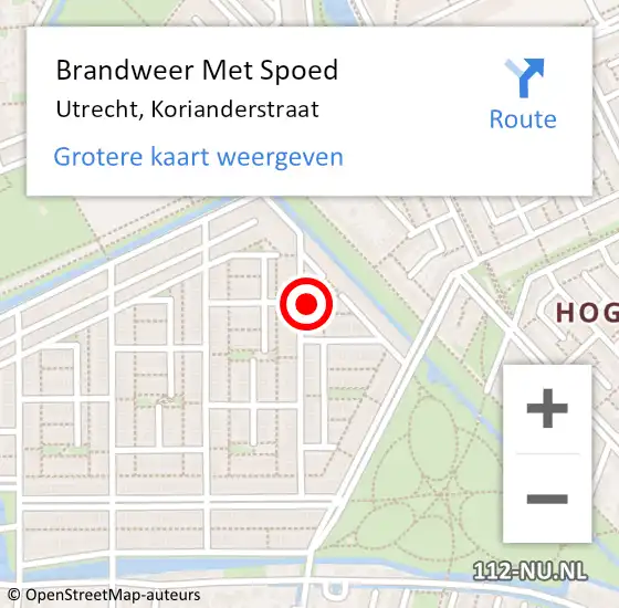 Locatie op kaart van de 112 melding: Brandweer Met Spoed Naar Utrecht, Korianderstraat op 16 mei 2024 10:11