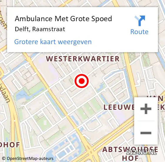 Locatie op kaart van de 112 melding: Ambulance Met Grote Spoed Naar Delft, Raamstraat op 16 mei 2024 10:43