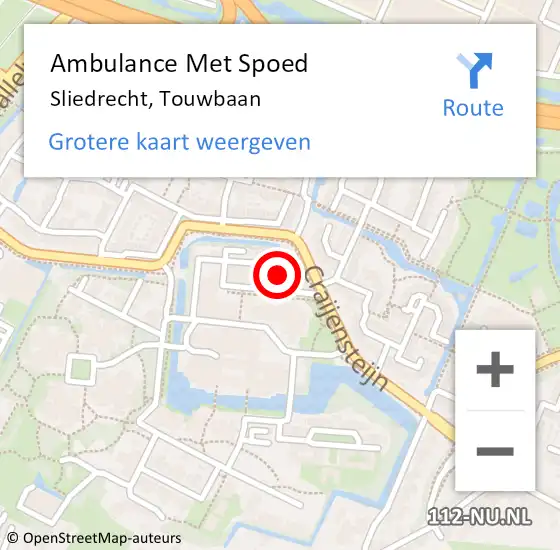 Locatie op kaart van de 112 melding: Ambulance Met Spoed Naar Sliedrecht, Touwbaan op 16 mei 2024 11:03