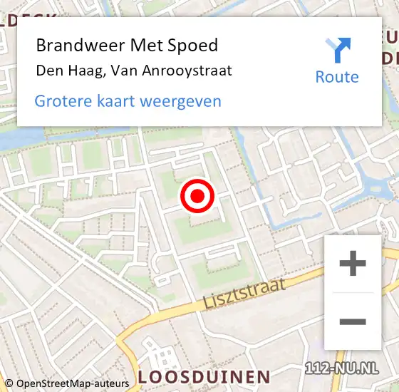 Locatie op kaart van de 112 melding: Brandweer Met Spoed Naar Den Haag, Van Anrooystraat op 16 mei 2024 11:09