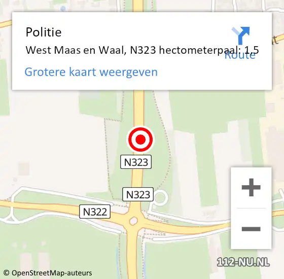 Locatie op kaart van de 112 melding: Politie West Maas en Waal, N323 hectometerpaal: 1,5 op 16 mei 2024 11:36