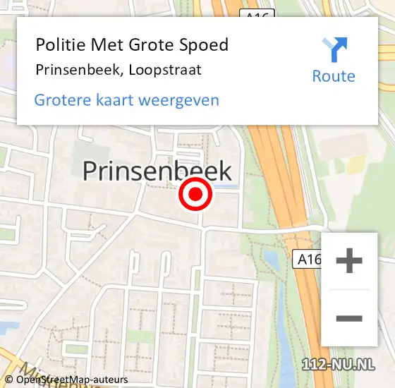 Locatie op kaart van de 112 melding: Politie Met Grote Spoed Naar Prinsenbeek, Loopstraat op 16 mei 2024 11:59