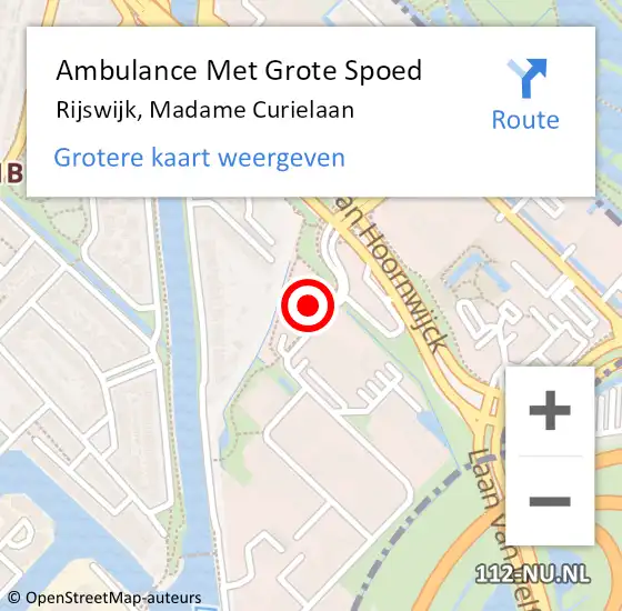 Locatie op kaart van de 112 melding: Ambulance Met Grote Spoed Naar Rijswijk, Madame Curielaan op 16 mei 2024 13:01