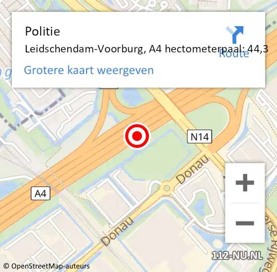 Locatie op kaart van de 112 melding: Politie Leidschendam-Voorburg, A4 hectometerpaal: 44,3 op 16 mei 2024 13:16