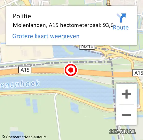 Locatie op kaart van de 112 melding: Politie Molenlanden, A15 hectometerpaal: 93,6 op 16 mei 2024 13:28