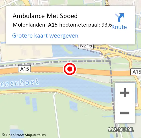 Locatie op kaart van de 112 melding: Ambulance Met Spoed Naar Molenlanden, A15 hectometerpaal: 93,6 op 16 mei 2024 13:29