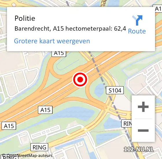 Locatie op kaart van de 112 melding: Politie Barendrecht, A15 hectometerpaal: 62,4 op 16 mei 2024 13:30