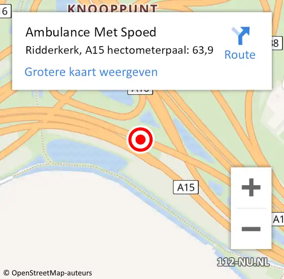 Locatie op kaart van de 112 melding: Ambulance Met Spoed Naar Ridderkerk, A15 hectometerpaal: 63,9 op 16 mei 2024 13:37