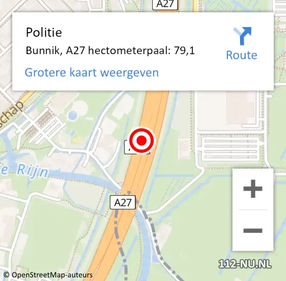 Locatie op kaart van de 112 melding: Politie Bunnik, A27 hectometerpaal: 79,1 op 16 mei 2024 14:15