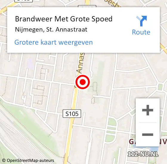 Locatie op kaart van de 112 melding: Brandweer Met Grote Spoed Naar Nijmegen, St. Annastraat op 16 mei 2024 14:28