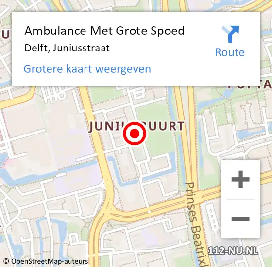 Locatie op kaart van de 112 melding: Ambulance Met Grote Spoed Naar Delft, Juniusstraat op 16 mei 2024 14:46