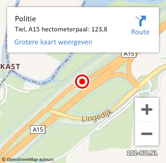 Locatie op kaart van de 112 melding: Politie Tiel, A15 hectometerpaal: 123,8 op 16 mei 2024 15:15