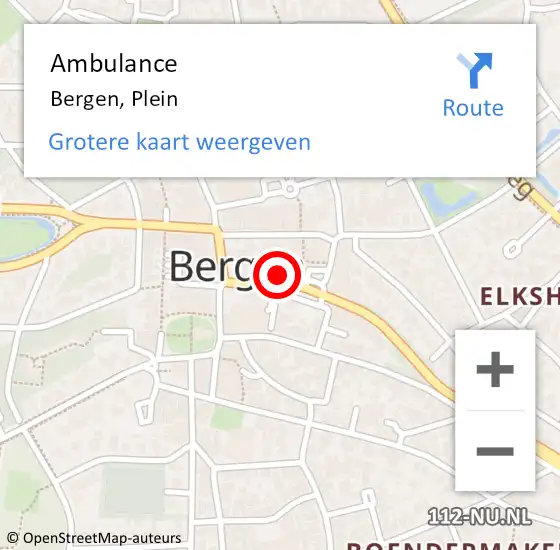Locatie op kaart van de 112 melding: Ambulance Bergen, Plein op 16 mei 2024 15:21