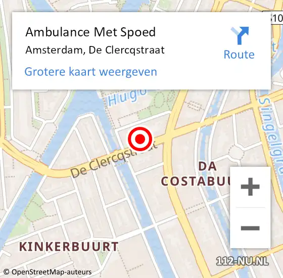 Locatie op kaart van de 112 melding: Ambulance Met Spoed Naar Amsterdam, De Clercqstraat op 16 mei 2024 15:26