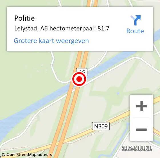 Locatie op kaart van de 112 melding: Politie Lelystad, A6 hectometerpaal: 81,7 op 16 mei 2024 15:35