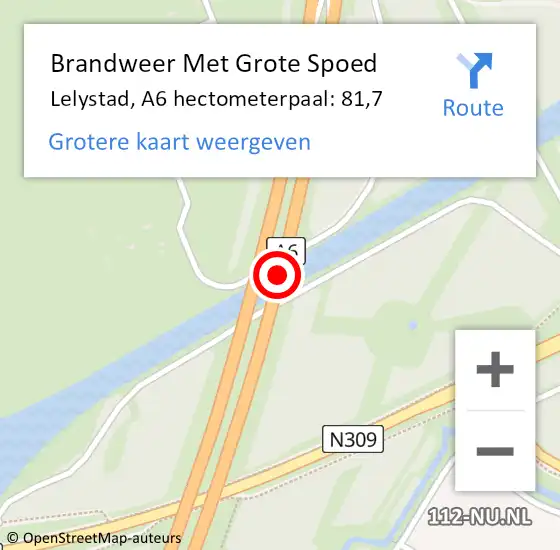 Locatie op kaart van de 112 melding: Brandweer Met Grote Spoed Naar Lelystad, A6 hectometerpaal: 81,7 op 16 mei 2024 15:35