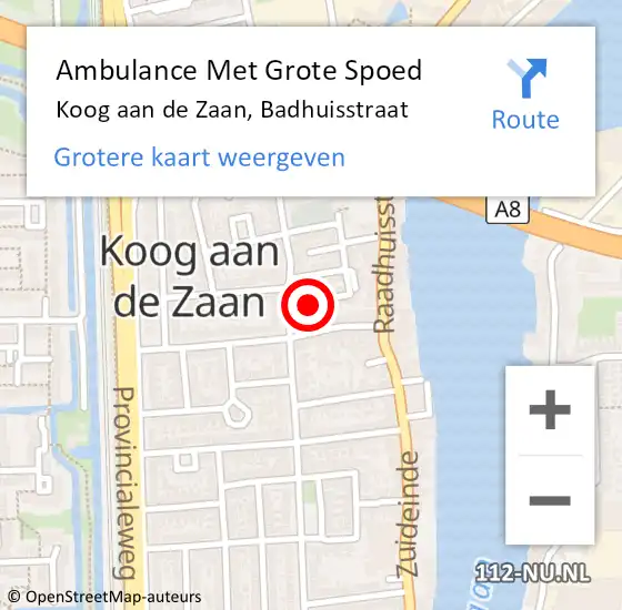 Locatie op kaart van de 112 melding: Ambulance Met Grote Spoed Naar Koog aan de Zaan, Badhuisstraat op 16 mei 2024 15:35