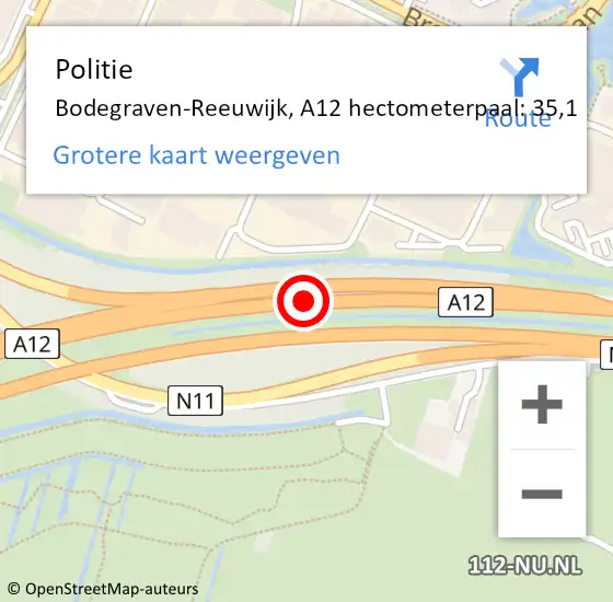 Locatie op kaart van de 112 melding: Politie Bodegraven-Reeuwijk, A12 hectometerpaal: 35,1 op 16 mei 2024 15:45