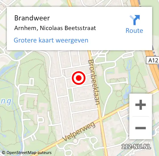 Locatie op kaart van de 112 melding: Brandweer Arnhem, Nicolaas Beetsstraat op 16 mei 2024 16:03