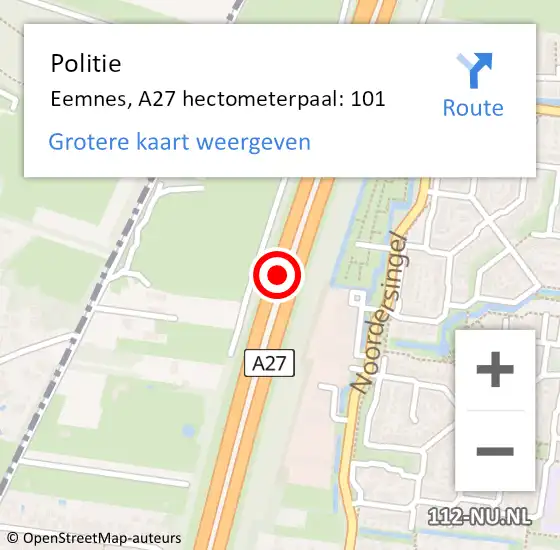 Locatie op kaart van de 112 melding: Politie Eemnes, A27 hectometerpaal: 101 op 16 mei 2024 16:03