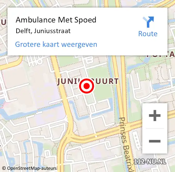 Locatie op kaart van de 112 melding: Ambulance Met Spoed Naar Delft, Juniusstraat op 16 mei 2024 16:04