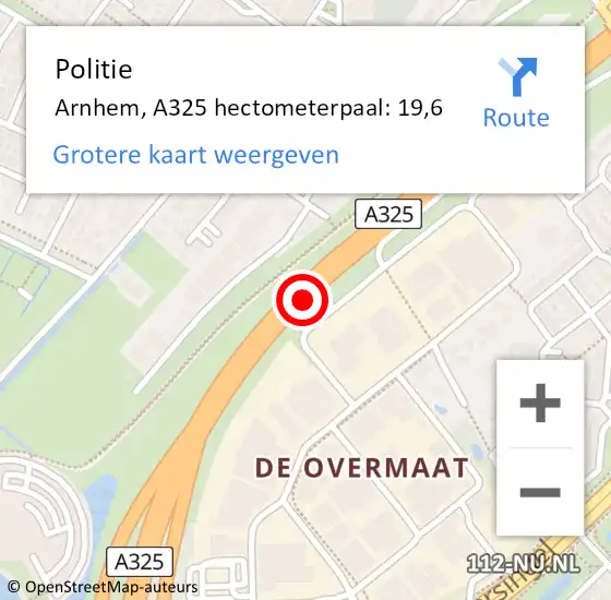 Locatie op kaart van de 112 melding: Politie Arnhem, A325 hectometerpaal: 19,6 op 16 mei 2024 16:25