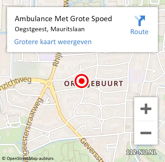 Locatie op kaart van de 112 melding: Ambulance Met Grote Spoed Naar Oegstgeest, Mauritslaan op 16 mei 2024 16:40