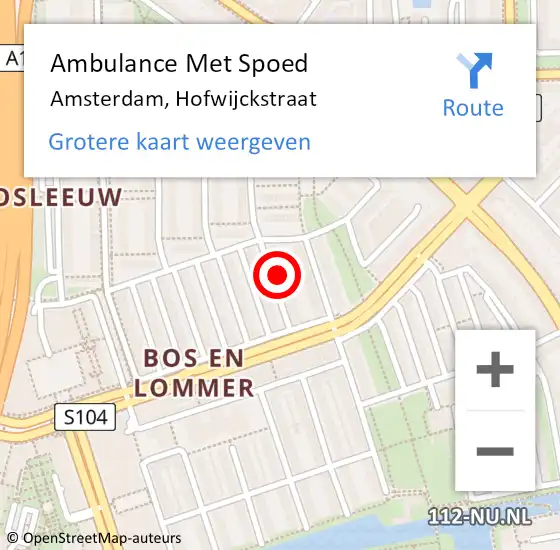 Locatie op kaart van de 112 melding: Ambulance Met Spoed Naar Amsterdam, Hofwijckstraat op 16 mei 2024 16:45