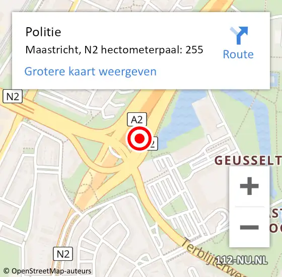 Locatie op kaart van de 112 melding: Politie Maastricht, N2 hectometerpaal: 255 op 16 mei 2024 17:02