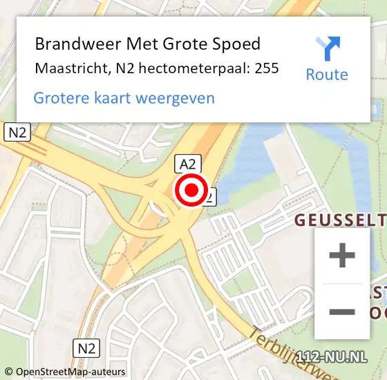 Locatie op kaart van de 112 melding: Brandweer Met Grote Spoed Naar Maastricht, N2 hectometerpaal: 255 op 16 mei 2024 17:03