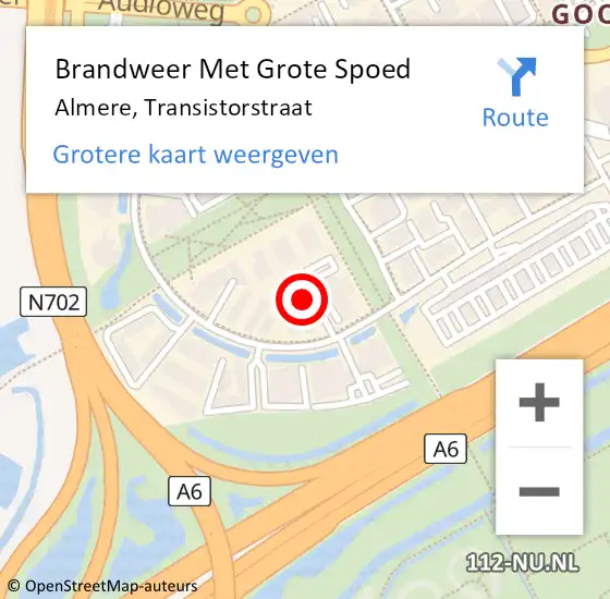 Locatie op kaart van de 112 melding: Brandweer Met Grote Spoed Naar Almere, Transistorstraat op 16 mei 2024 17:19