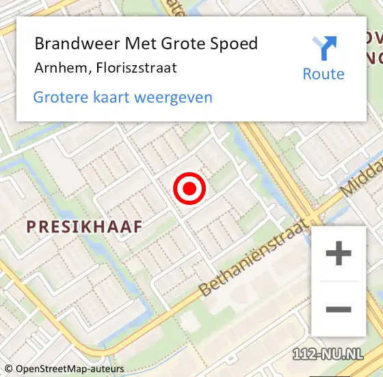 Locatie op kaart van de 112 melding: Brandweer Met Grote Spoed Naar Arnhem, Floriszstraat op 16 mei 2024 18:07