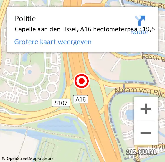 Locatie op kaart van de 112 melding: Politie Capelle aan den IJssel, A16 hectometerpaal: 19,5 op 16 mei 2024 18:28
