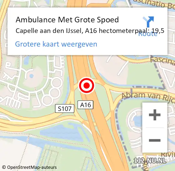 Locatie op kaart van de 112 melding: Ambulance Met Grote Spoed Naar Capelle aan den IJssel, A16 hectometerpaal: 19,5 op 16 mei 2024 18:34