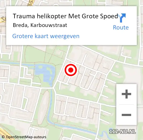Locatie op kaart van de 112 melding: Trauma helikopter Met Grote Spoed Naar Breda, Karbouwstraat op 16 mei 2024 19:02