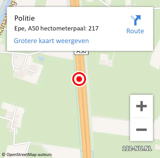 Locatie op kaart van de 112 melding: Politie Epe, A50 hectometerpaal: 217 op 16 mei 2024 19:30